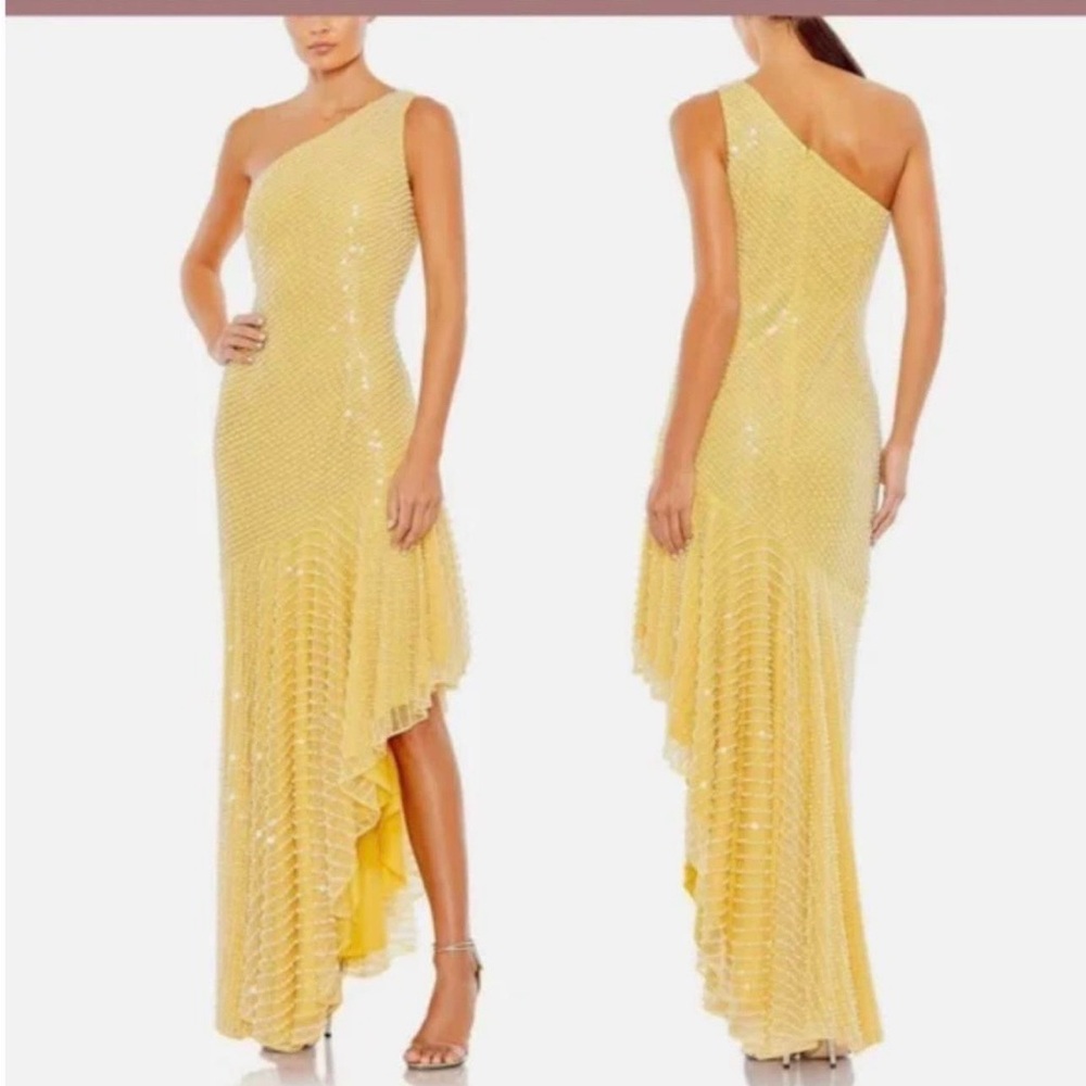 Mac Duggal One-Shoulder Yellow Sequin Asymmetric Gown
